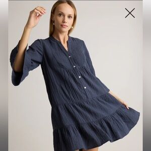 Quince 100% Organic Cotton Gauze Long Sleeve Tiered Mini Dress Indigo Blue S